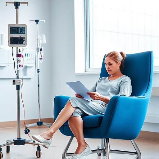 A woman sitting in a blue modern armchair reading a document, with an IV stand beside her, in a bright and well-lit hospital room, shot with a DSLR camera at f/2.8 aperture, 50mm lens, ISO 200, soft natural light, aimed at a slightly high angle to capture the subject clearly.