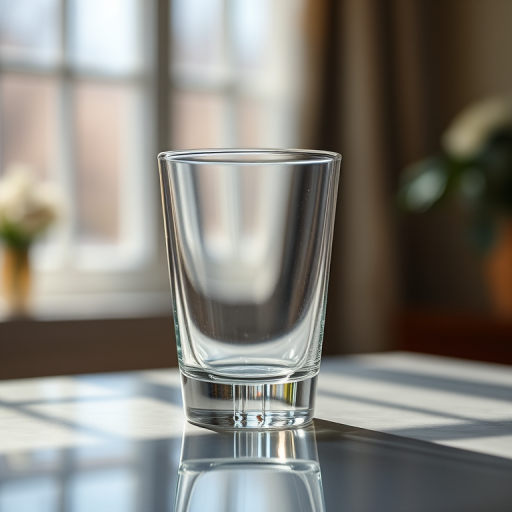 photograph a clear glass on a reflective surface with soft natural lighting, using a DSLR camera at f/2.8, ISO 100, 50mm focal length, close-up view, shallow depth of field, focus on the glass to enhance clarity and detail