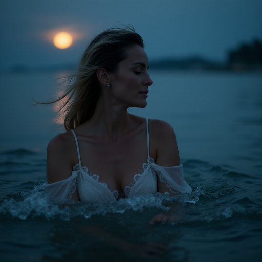 Best photograph, hyperealistic, UHD, HDR, 5D, 35'mm Leica lens, medium shoot of a sensual beautiful mature woman in the water wave the beach, full moon light effect ,Deep focus, intricate details, 35mm lens shot, lovely and romantic sight, cinematic