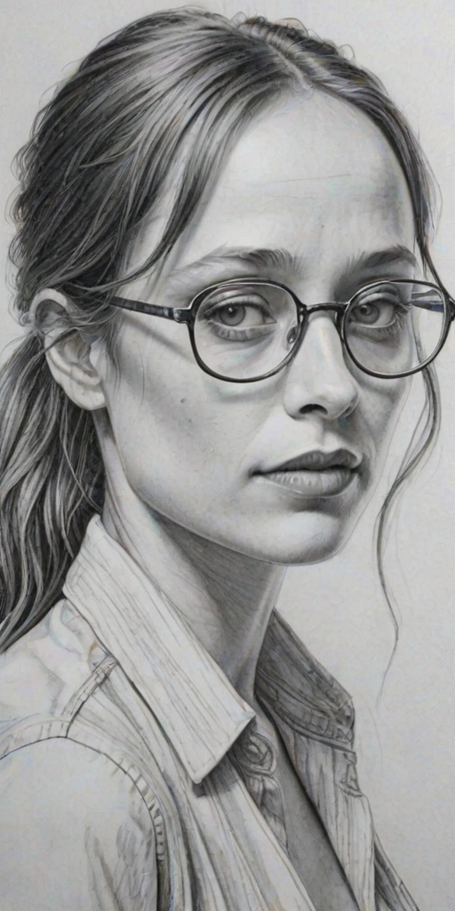 Elegant Fiona Apple, pencil sketch, portrait of Resplendent woman 1976s in glasses, hair style beatnik, outline, clear lines, fine lines, 8k