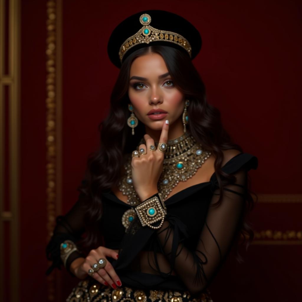 A high-quality, realistic photo, opulent portrait, captured with a Hasselblad X2D 100C, XCD 80mm f/1.9 lens. A beautiful young woman with long, dark, flowing hair and striking light eyes, adorned with elaborate and intricate jewelry. She wears a black, form-fitting top or dress with sheer, embroidered sleeves, and a richly detailed gold and black patterned skirt or belt. Her headpiece is a black, pillbox-style hat with a gold band and a central turquoise gem. She is bedecked in a multi-layered gold and silver necklace with large turquoise and clear gemstones, matching earrings, several ornate bracelets, and rings on both hands. Her expression is serene and captivating, with a direct, intense gaze. She holds one hand delicately near her face, showcasing a ring, while the other rests on her hip. The background is a luxurious deep red wall with elegant gold trim, creating a regal and timeless atmosphere.
