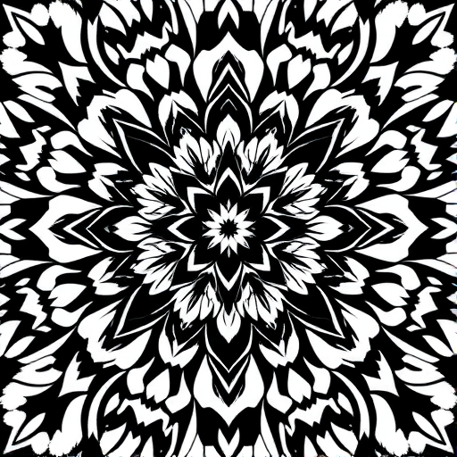 Create a high-resolution black and white floral pattern with intricate geometric shapes, focus on symmetry, captured using a DSLR camera at f/8, ISO 100, 50mm lens, shot from a top-down view in natural light.