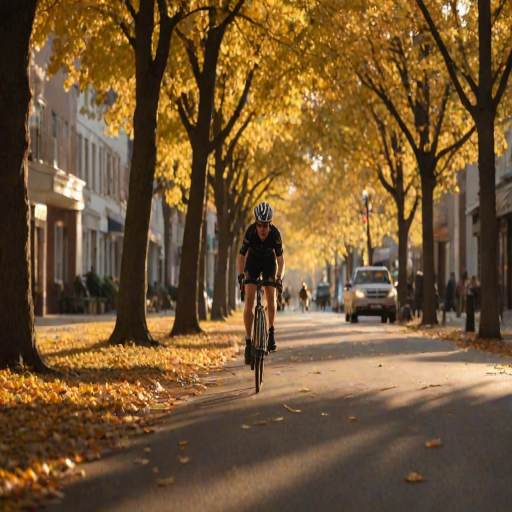 Blurry action shot of a cyclist racing down a tree-lined street at dusk, soft golden light from the setting sun casting long shadows, with autumn leaves swirling in the breeze and distant pedestrians barely visible on the sidewalk.