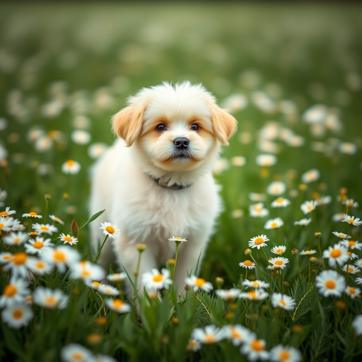 A fluffy dog standing amidst white daisies in a lush green field, captured in soft natural light with a shallow depth of field, using a DSLR camera at f/2.8, ISO 200, and 1/500s shutter speed for enhanced clarity and focus.