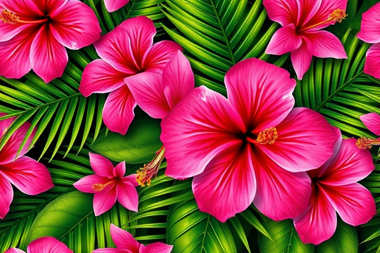 High-resolution tropical flower pattern with vibrant pink hibiscus and lush green palm leaves, shot with a Canon EOS R5, 85mm lens, f/2.8 aperture, ISO 100, natural light, shallow depth of field for enhanced texture and color richness.