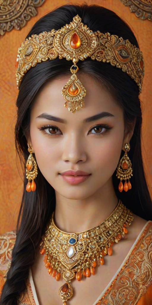 Create a portrait of a beautiful Thai woman with striking orange eyes and a gentle expression. She is adorned in traditional attire with intricate patterns, including a richly embroidered headscarf and matching garments. Her jewelry includes a delicate headpiece, dangling earrings, and ornate bracelets, all featuring vibrant gemstones and detailed metalwork. The background is soft and warm, enhancing the rich colors of her outfit and jewelry.