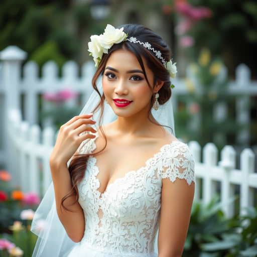 garden scene, Filipina bridal model, delicate lace gown, floral headpiece, soft romantic focus, high-key lighting and an 85mm lens for soft, even tones that highlight the model’s face and bright outfit against a white or light background