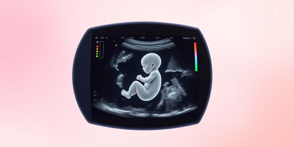 Create a digital illustration of a fetus in a womb on an ultrasound display, featuring a gradient background with soft pastel colors, using a high-resolution camera at 50mm focal length, f/8 aperture, and a shutter speed of 1/125s, ensuring a clear and detailed composite style with a slight vignette effect.