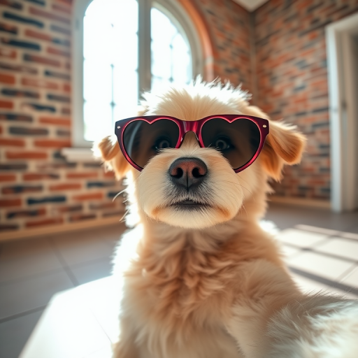 A cute dog wearing heart-shaped sunglasses posing for a selfie in a sunlit room with a brick wall background and a tiled floor. The dog has a fluffy coat and a playful expression.