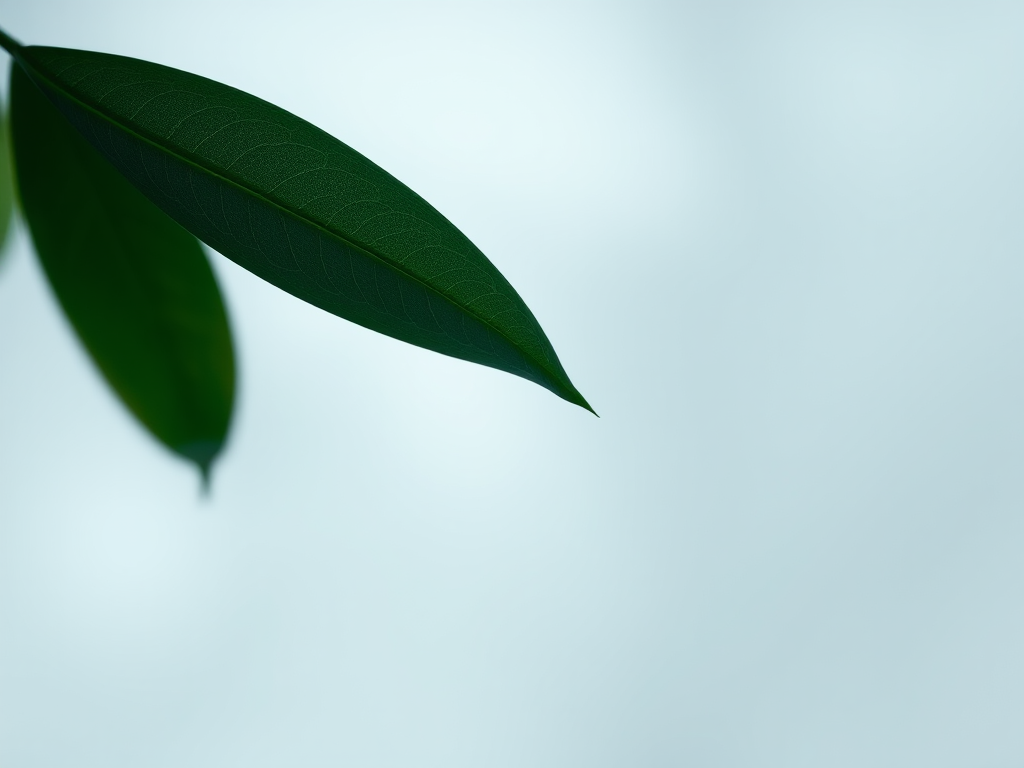 regenerate a minimalist illustration of a single dark green leaf with an abstract light blue and gray background, use a DSLR camera with a 50mm lens at f/2.8, ISO 100, and a shallow depth of field for enhanced detail and softness in the background.