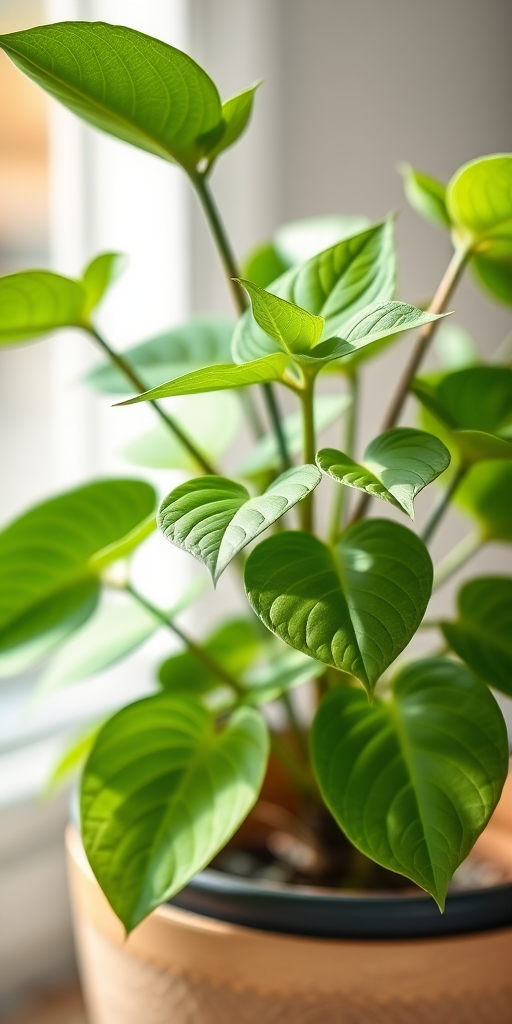 Create a high-resolution image of a green potted plant with multiple lush leaves, captured with a DSLR camera at f/2.8 aperture, 50mm lens, ISO 100, in soft natural light, from a slightly elevated angle with a shallow depth of field.