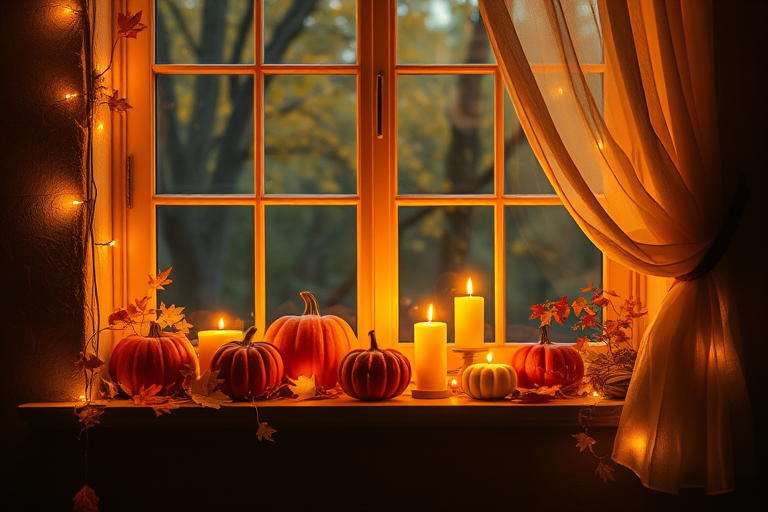 Cozy autumn scene with a window view decorated with warm fairy lights pumpkins and candles glowing softly on a windowsill surrounded by autumn leaves and a gentle curtain draping in the breeze