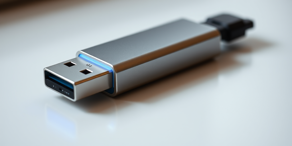 High-resolution image of a sleek silver USB flash drive with a blue indicator light, captured with a Canon EOS R5, 50mm lens, aperture f/2.8, ISO 100, natural lighting, 45-degree angle view for optimal detail and texture.