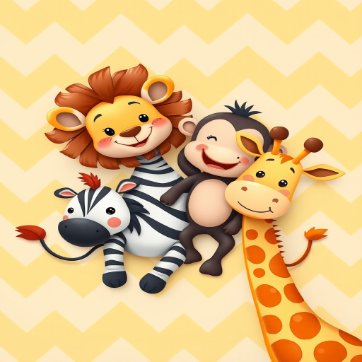 Create a vibrant illustration of four cartoon-style baby animals: a smiling lion, a playful zebra, a cheerful monkey, and a happy giraffe, set against a pastel zigzag background in yellow and grey, using a Canon EOS 5D Mark IV, ISO 100, f/8, 50mm lens, top-down perspective, soft focus for a whimsical effect.