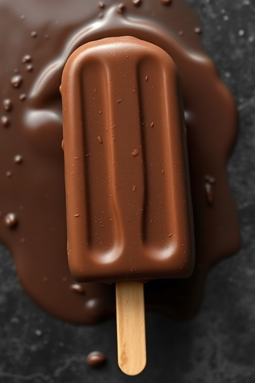 Create a high-resolution image of a glossy chocolate ice cream bar on a stick, captured with a DSLR camera at f/2.8 aperture, 50mm lens, natural lighting, and a top-down view for enhanced detail and clarity.