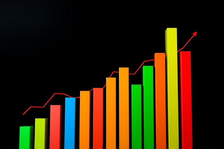 Create a high-resolution digital illustration of colorful bar graphs with vibrant green, blue, orange, and red bars on a black background, using a Canon EOS R5, f/8 aperture, ISO 100, 50mm lens, and a top-down angle for a clear view.