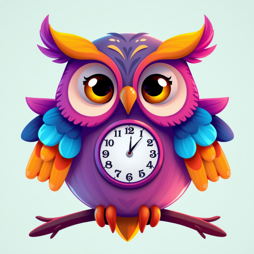 Create a whimsical illustration of a cartoon owl with a clock in its belly, vibrant colors, 4k resolution, 50mm lens, f/2.8 aperture, ISO 100, soft diffused lighting, front view, digital art style.