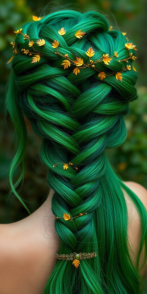 Vibrant emerald green hair arranged in an intricate fishtail braid crown, adorned with tiny golden leaves and vines, embodying a mystical forest nymph aesthetic named Enchanted Canopy