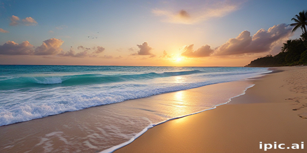 Tranquil Sunset Over a Serene Beach with Gentle Waves and Clouds