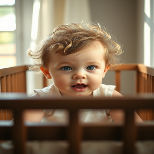 Create a soft-focus portrait of a toddler in a crib, featuring natural light streaming in from a window, with gentle shadows enhancing the scene, captured with a Canon EOS R5, 50mm f/1.2 lens, aperture set to f/1.8, ISO 200, shutter speed 1/200s, emphasizing the child's expressive eyes and delicate curls.