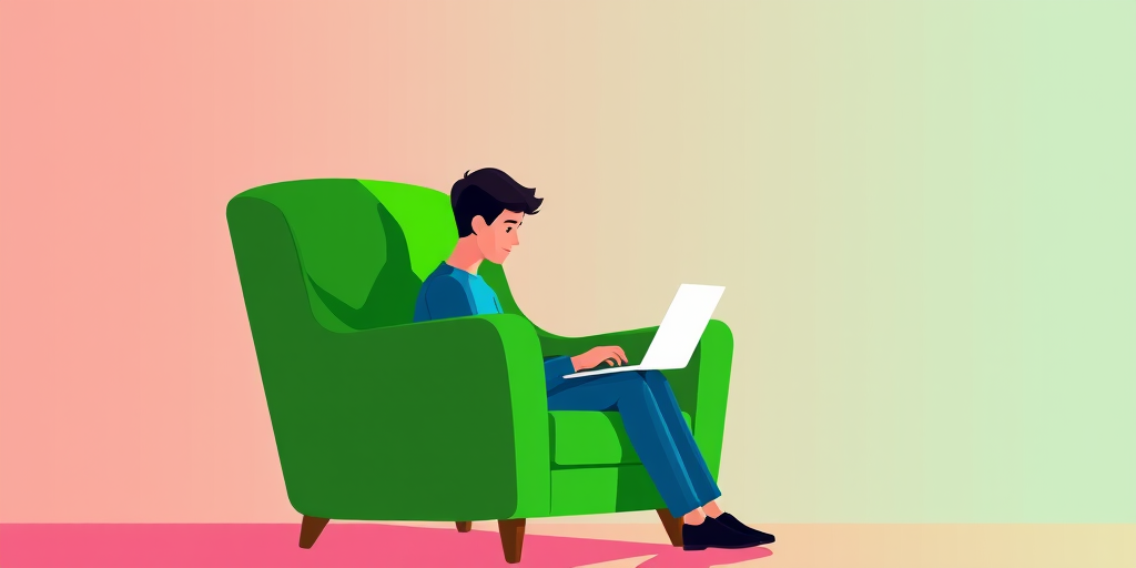 Create a digital illustration of a person sitting in a green armchair using a laptop, view from a slightly elevated angle, soft focus background, with vibrant colors and smooth gradients, camera settings: f/2.8, ISO 100, shutter speed 1/60, type: digital illustration, style: flat design.