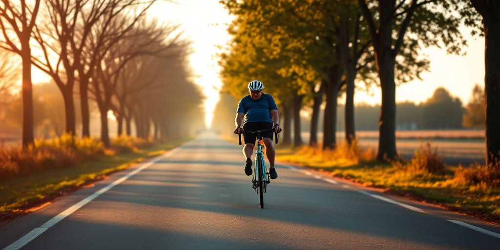 Generate a high-resolution image of a person cycling on a quiet, tree-lined path, early morning light, using a DSLR camera with a 50mm lens, aperture f/2.8, ISO 100, shutter speed 1/500s, focus on the cyclist, capturing vibrant colors and sharp details.