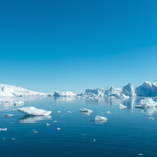 Generate a high-resolution image of an expansive glacial landscape with icebergs scattered across a calm water surface under a clear blue sky, shot with a Canon EOS R5 at f/8 aperture, 1/200 ISO 100, using a wide-angle lens from a low angle to emphasize the ice formations.