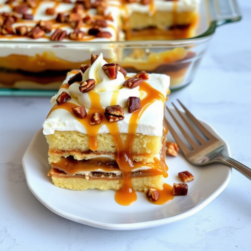 Delicious layered dessert with cake layers topped with whipped cream caramel sauce and chopped pecans served on a plate with a fork beside it and more dessert in the background on a glass serving dish.