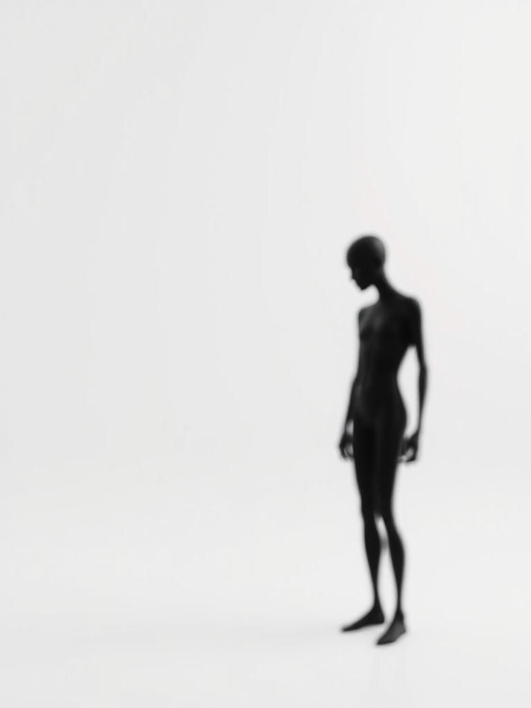 Generate a high-resolution image of an abstract black figure against a white background, using a Canon EOS R5 with a 50mm lens, aperture f/1.8, shutter speed 1/200, ISO 100, in a studio setting with soft lighting for enhanced detail and contrast.