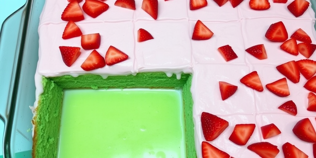 A rectangular dessert with a layer of green cake and pink frosting topped with chopped red strawberries arranged in squares, with one piece partially removed revealing a green interior and a light green sauce underneath, presented in a baking dish.