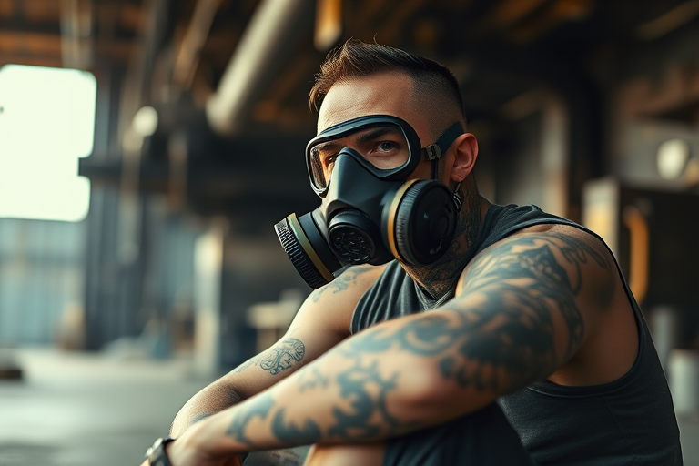 portrait of a tattooed man wearing a gas mask sitting in a gritty industrial setting, shallow depth of field, low-angle view, soft focus background, taken with a DSLR camera, 50mm lens, f/1.8 aperture, ISO 100, 1/200 sec shutter speed, warm color tones, dramatic lighting with shadows