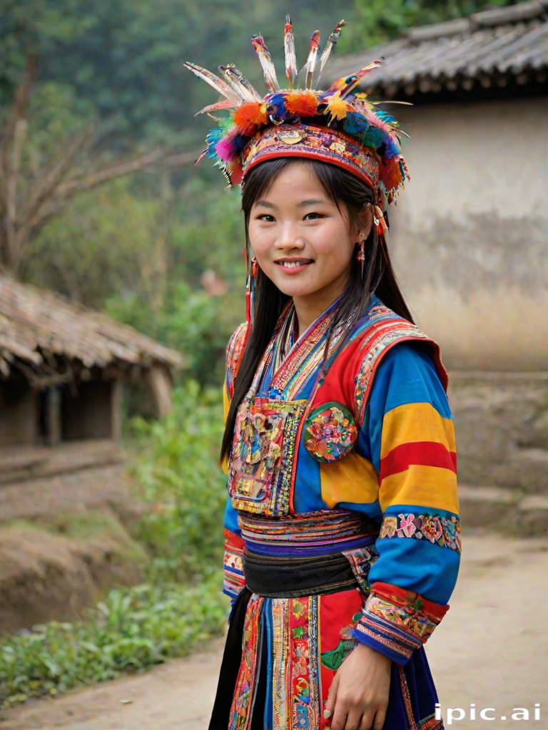 A beautiful Miao girl, wearing colorful bird clothing with vibrant colors