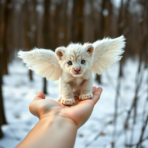 A small, white lion cub with angelic wings standing on a human hand. The cub has a soft, fluffy texture with detailed fur, expressive blue eyes, and a curious expression. The wings are large and feathery, blending seamlessly with its fur, giving an ethereal appearance. The background is a winter forest, with the ground covered in snow and blurred brown trees, creating a serene atmosphere. The human hand in the foreground is positioned palm-up, supporting the lion cub gently, fingers slightly curled. The lighting is soft and diffused, enhancing the tender and magical feel of the scene. Colors are predominantly neutral with white, cream, and soft browns, contrasting with the subtle blue of the lion cub's eyes. The overall composition is balanced, with the cub at the center, creating a focal point that draws the viewer's attention immediately.