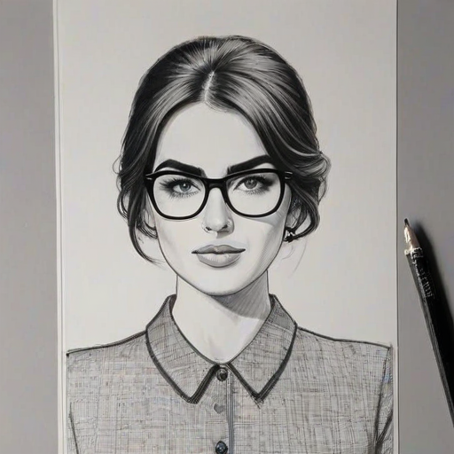 Elegant Camilla Belle, pencil sketch, portrait of Sublime woman 1960s in glasses, hair style beatnik, outline, clear lines, fine lines, 8k