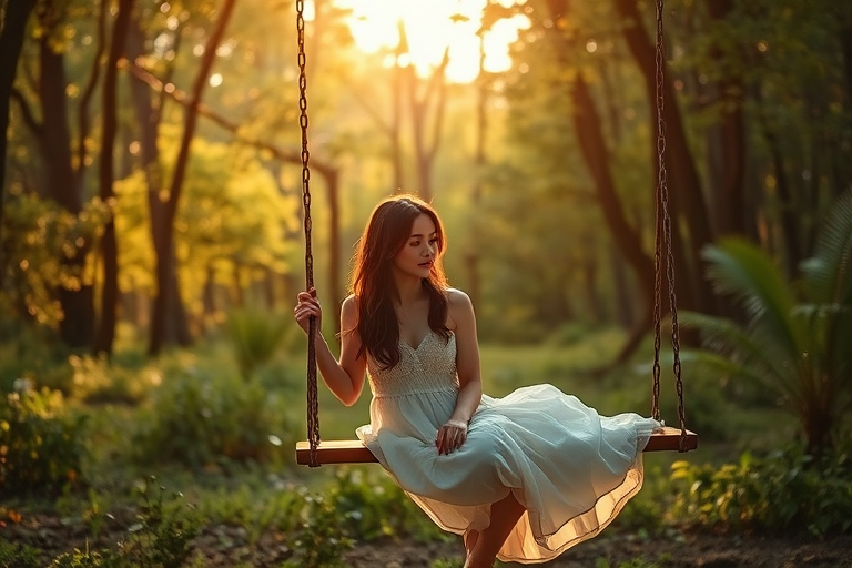Capture a soft, ethereal image of a woman in a white dress sitting on a swing in a lush green forest, use a Canon EOS R5 with a 50mm f/1.2 lens, aperture set to f/1.4 for a shallow depth of field, ISO 100, and a shutter speed of 1/200s, with golden hour lighting for a dreamy effect.