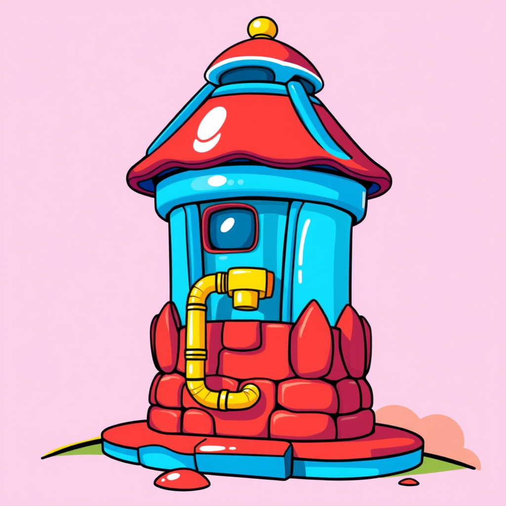 Create a colorful illustration of a cartoon tower with a red roof and blue accents, featuring a yellow pipe, surrounded by vibrant colors, using a Canon EOS R5 with a 50mm lens, f/2.8 aperture, ISO 100, at a 45-degree angle view, in a bright, cheerful style.