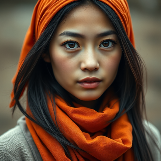 Create a portrait of a young Taiwanese woman with long, dark hair and captivating hazel eyes. She is wearing a orange headscarf and a matching scarf draped gracefully around her neck. The background is softly blurred, focusing attention on her serene and natural expression. The overall color palette is muted and warm, enhancing the intimate and authentic feel of the portrait.