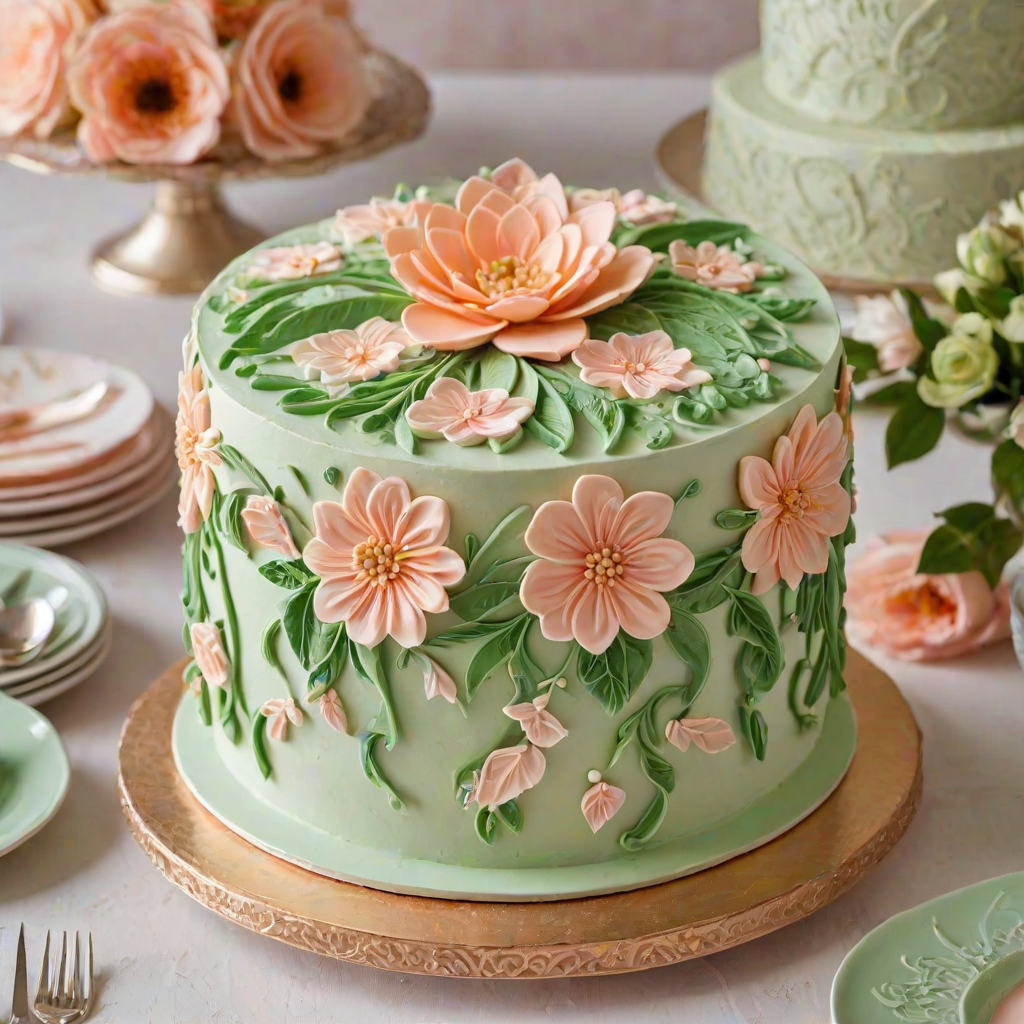 Create an image of a beautifully decorated cake with layers, featuring intricate frosting designs resembling flower petals. The cake should have a soft peach color, with a light cream base and green accents. Include a few slices of the cake on elegant plates in the background, showcasing the layers and frosting. The setting should be bright and inviting, highlighting the cake's details.
