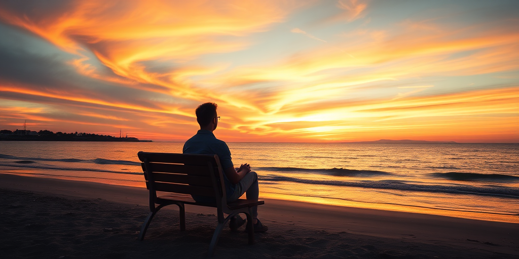 Generate an enhanced image of a person sitting on a wooden bench by the beach at sunset, capturing the vibrant colors of the sky and reflections on the water, use a DSLR camera with a 50mm lens, aperture set to f/1.8, ISO 100, shutter speed 1/200s, and a warm color profile for a soft, dreamy effect.