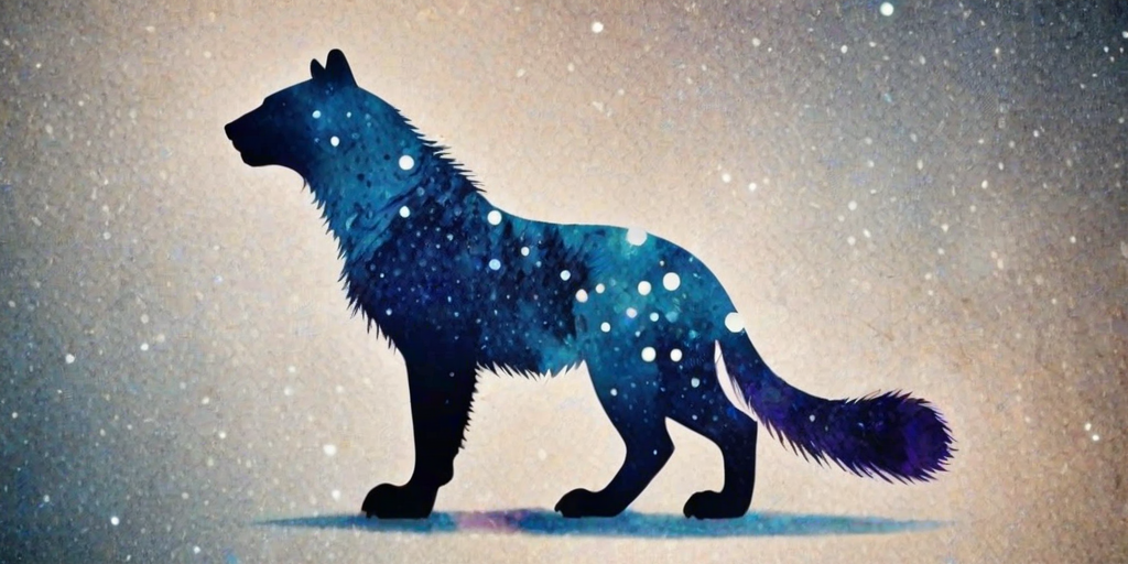 Captivating conceptual render alcohol ink art, double exposure, the paint strokes artfully merge combining a woman's full silhouette with a Curious raccoon's silhouette. The figures are composed of a series of colored dots, lines & spots that evoke the image of a cosmic galaxy, colors are deep shades of blue purple & black with flashes of white & silver representing distant stars. The woman's silhouette is formed within the lion's silhouette from constellations of scattered stars, surreal