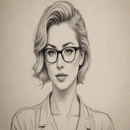 Elegant Iliza Shlesinger, pencil sketch, portrait of Comely woman 1945s in glasses, hair style beatnik, outline, clear lines, fine lines, 8k