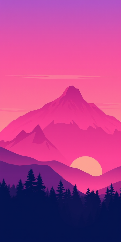 Generate a vibrant landscape illustration featuring stylized mountains in shades of pink and purple with silhouettes of trees, using a DSLR camera with a wide-angle lens, f-stop at f/8, ISO 100, and a sunrise setting for soft lighting.