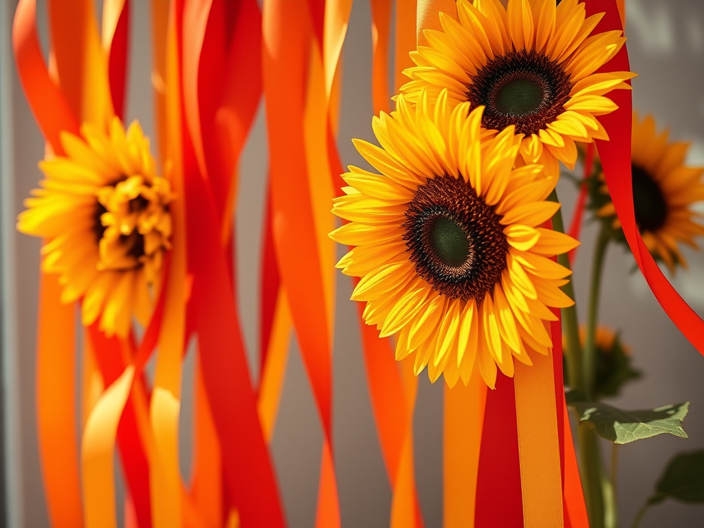Create a vibrant image of colorful ribbons in warm tones of red, orange, and yellow, adorned with bright sunflowers, taken with a DSLR camera at f/2.8 aperture, 50mm lens, natural lighting, shallow depth of field, and a slightly elevated angle to enhance detail and texture.