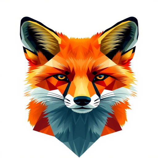 Create a high-resolution geometric fox design with sharp edges and vibrant colors, captured with a DSLR camera in portrait mode, aperture set to f/2.8, ISO 100, and a 50mm lens for enhanced detail and clarity.