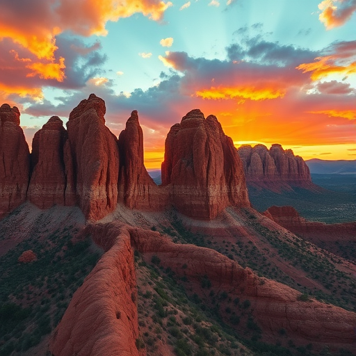 Regenerate a vibrant landscape of towering rock formations at sunset with dramatic clouds in a warm color palette, using a Canon EOS R5 camera, 24mm lens, aperture f/8, ISO 100, and a wide-angle perspective for enhanced depth and clarity.