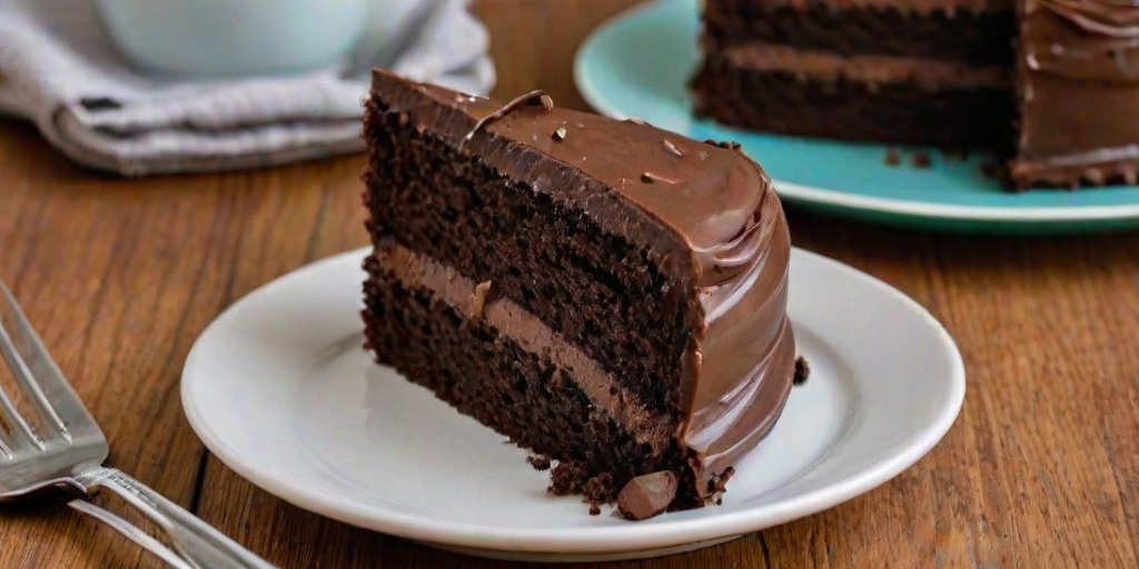 Generate an image of a slice of decadent chocolate cake with rich chocolate frosting on a white plate. The cake should have multiple layers, with a smooth texture and chocolate chips on top. Include a fork next to the plate with a small bite taken out of the cake. The background should have a warm wooden surface and a hint of a teal cloth.