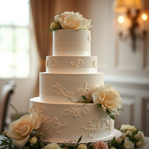 Regenerate the image of a four-tier wedding cake with intricate white floral decorations and soft lighting, using a 50mm lens at f/2.8 aperture, with a shallow depth of field, captured from a slightly elevated angle, in a soft focus photography style with a DSLR camera.