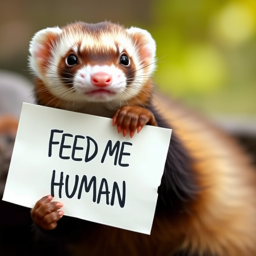 Ferret holding a note which says "FEED ME HUMAN"
