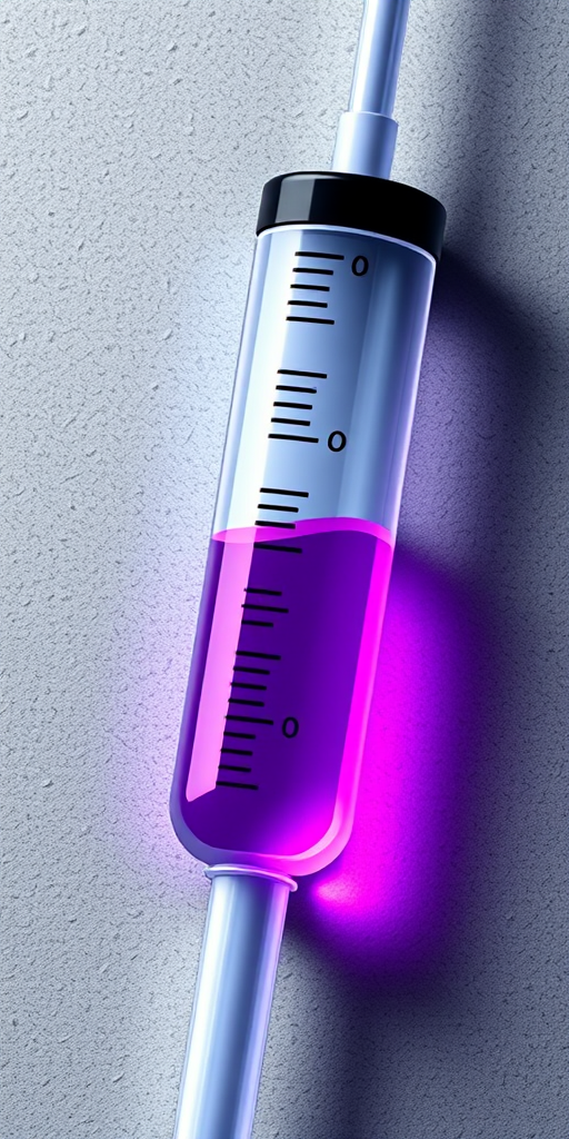 Create a high-resolution digital illustration of a syringe with a transparent barrel filled with a vibrant purple liquid, featuring a textured background; camera settings: ISO 100, f/2.8, shutter speed 1/60s; camera view: close-up; camera style: realistic; camera type: DSLR.