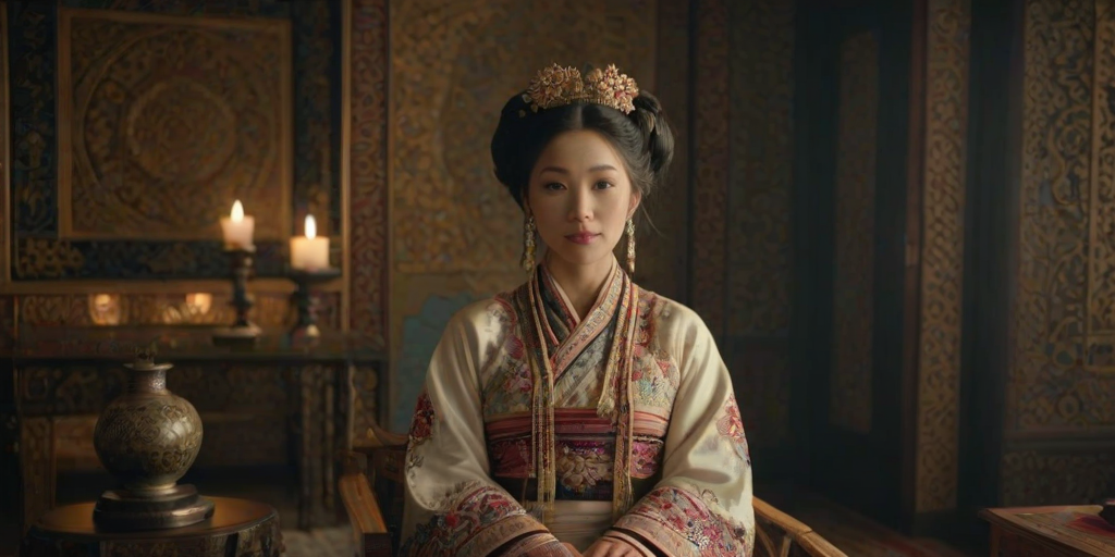 A beautiful Ashkenazi woman in traditional East Asian attire, intricately detailed with embroidered patterns, sitting gracefully in a richly decorated room, soft ambient lighting, serene and elegant, ultra-realistic, 8K resolution